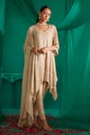 Buy_Mustard Moon by Neyha and Vrinda_Ivory Kurta Georgette Embroidery Mirror V Neck Asymmetric Pant Set
