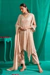 Buy_Mustard Moon by Neyha and Vrinda_Peach Kurta Georgette Embroidery Mirror V Neck Asymmetric Pant Set_at_Aza_Fashions