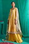 Buy_Mustard Moon by Neyha and Vrinda_Yellow Georgette Embroidery Lucknowi Paan Neck Kurta Sharara Set_at_Aza_Fashions