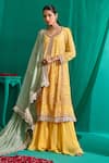Shop_Mustard Moon by Neyha and Vrinda_Yellow Georgette Embroidery Lucknowi Paan Neck Kurta Sharara Set_at_Aza_Fashions