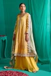 Mustard Moon by Neyha and Vrinda_Yellow Georgette Embroidery Lucknowi Paan Neck Kurta Sharara Set_Online_at_Aza_Fashions