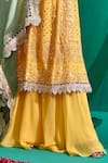 Shop_Mustard Moon by Neyha and Vrinda_Yellow Georgette Embroidery Lucknowi Paan Neck Kurta Sharara Set_Online_at_Aza_Fashions