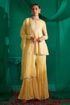 Buy_Mustard Moon by Neyha and Vrinda_Yellow Georgette Embroidery Sequin Round And Thread Work Short Kurta Sharara Set_at_Aza_Fashions