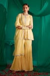 Buy_Mustard Moon by Neyha and Vrinda_Yellow Georgette Embroidery Sequin Round And Thread Work Short Kurta Sharara Set_Online_at_Aza_Fashions