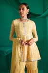 Mustard Moon by Neyha and Vrinda_Yellow Georgette Embroidery Sequin Round And Thread Work Short Kurta Sharara Set_at_Aza_Fashions