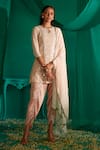 Buy_Mustard Moon by Neyha and Vrinda_Peach Kurta Georgette Embroidery Sequin Round Neck Tulip Pant Set _Online_at_Aza_Fashions