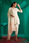 Buy_Mustard Moon by Neyha and Vrinda_Ivory Kurta Georgette Embroidery Sequin Round Neck Butti Tulip Pant Set _at_Aza_Fashions