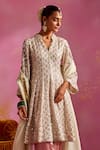 Mustard Moon by Neyha and Vrinda_Ivory Georgette Embroidered Sequin Notched Work Kurta Salwar Set_Online_at_Aza_Fashions