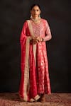 Buy_Mustard Moon by Neyha and Vrinda_Coral Banarasi Embroidered Woven Round Sequins Anarkali Churidar Set_at_Aza_Fashions