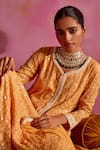 Shop_Mustard Moon by Neyha and Vrinda_Yellow Georgette Embroidered Lucknowi Thread Leaf Sequins Anarkali Sharara Set _at_Aza_Fashions