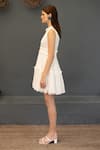 Buy_Ozel_White Viscose Crepe Solid High Neck Parker Pleat Detailed Short Dress_Online_at_Aza_Fashions