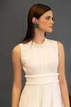 Shop_Ozel_White Viscose Crepe Solid High Neck Parker Pleat Detailed Short Dress_Online_at_Aza_Fashions
