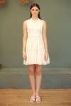 Buy_Ozel_White Viscose Crepe Solid High Neck Parker Pleat Detailed Short Dress 