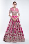 Ridhi Mehra_Pink Embroidery Cutdana V Neck Floral Stripe Bridal Lehenga Set _Online_at_Aza_Fashions