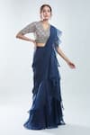 Buy_Ridhi Mehra_Blue Embroidery Sequin V Neck Pre-draped Ruffle Saree With Blouse _at_Aza_Fashions