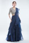 Buy_Ridhi Mehra_Blue Embroidery Sequin V Neck Pre-draped Ruffle Saree With Blouse _Online_at_Aza_Fashions