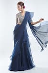 Shop_Ridhi Mehra_Blue Embroidery Sequin V Neck Pre-draped Ruffle Saree With Blouse _Online_at_Aza_Fashions