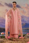 Buy_Charu Makkar_Peach Kurta And Pant Silk Chanderi Embroidered Floral V Neck Set_at_Aza_Fashions