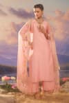 Shop_Charu Makkar_Peach Kurta And Pant Silk Chanderi Embroidered Floral V Neck Set _at_Aza_Fashions