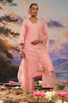 Buy_Charu Makkar_Peach Kurta And Pant Silk Chanderi Embroidered Floral Blunt V Neck Set_at_Aza_Fashions