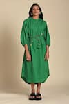 Buy_Kanelle_Green Cotton Poplin Solid Round Collar Sage Curved Hem Midi Dress With Belt_Online_at_Aza_Fashions