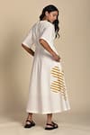 Kanelle_White Cotton Poplin Patch Striped Bloom V Neck Olivia Embroidered Midi Dress _Online_at_Aza_Fashions