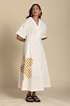 Kanelle_White Cotton Poplin Patch Striped Bloom V Neck Olivia Embroidered Midi Dress _at_Aza_Fashions