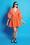 Buy_Cin Cin_Orange Poplin Embroidered Thread V-neck Floral Skater Dress _at_Aza_Fashions