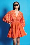 Cin Cin_Orange Poplin Embroidered Thread V-neck Floral Skater Dress _Online_at_Aza_Fashions