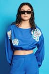 Cin Cin_Blue Poplin Embroidered Sequin Round Crop Top With Pant _at_Aza_Fashions