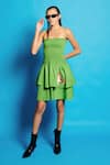 Buy_Cin Cin_Green Poplin Placement Embroidered Sequins Straight Neck Layered Short Dress _at_Aza_Fashions