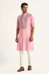 Buy_Raghavendra Rathore Jodhpur_Pink Cotton Embroidered Thread The Festive Yoke Kurta _at_Aza_Fashions