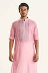 Raghavendra Rathore Jodhpur_Pink Cotton Embroidered Thread The Festive Yoke Kurta _Online_at_Aza_Fashions