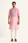 Buy_Raghavendra Rathore Jodhpur_Pink Cotton Embroidered Thread The Festive Yoke Kurta _Online_at_Aza_Fashions