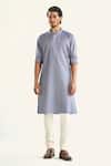 Shop_Raghavendra Rathore Jodhpur_Blue Cotton Embroidered Kantha The Linear Kurta _Online_at_Aza_Fashions