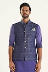 Raghavendra Rathore Jodhpur_Blue Brocade Woven Checkered The Bejewelled Floral Bundi _Online_at_Aza_Fashions