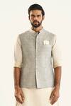 Raghavendra Rathore Jodhpur_Gray Linen, Silk Geometric Woven Grey Bundi _Online_at_Aza_Fashions