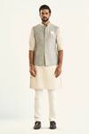 Shop_Raghavendra Rathore Jodhpur_Gray Linen, Silk Geometric Woven Grey Bundi _Online_at_Aza_Fashions