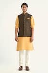 Raghavendra Rathore Jodhpur_Brown Linen Silk Woven Geometric The Earthy Striped Bundi _Online_at_Aza_Fashions