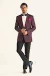 Buy_Raghavendra Rathore Jodhpur_Maroon Linen Silk Woven The Starlight Night Sequin Embellished Tuxedo Jacket _at_Aza_Fashions