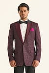 Shop_Raghavendra Rathore Jodhpur_Maroon Linen Silk Woven The Starlight Night Sequin Embellished Tuxedo Jacket _Online_at_Aza_Fashions