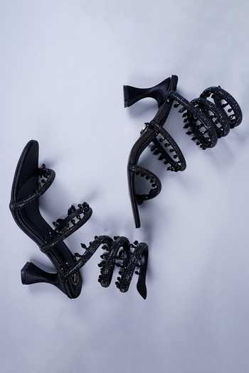Sana K luxurious Footwear_Black Rhinestones Spring Strap Embellished Heels _Online_at_Aza_Fashions