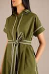 AMPM_Green Poplin Mini Striped Collar Neck Adya Border Shirt Dress With Belt_Online_at_Aza_Fashions