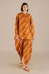 Buy_AMPM_Brown Poplin Framed Stripe Round Neck Laya Pattern Tunic With Dhoti Pant _at_Aza_Fashions