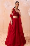 Buy_PARUL GANDHI_Red Silk Organza Embroidery Cutdana V Neck Scarlet Dream 3d Floral Lehenga Set _at_Aza_Fashions