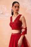 PARUL GANDHI_Red Silk Organza Embroidery Cutdana V Neck Scarlet Dream 3d Floral Lehenga Set _Online_at_Aza_Fashions