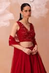 Buy_PARUL GANDHI_Red Silk Organza Embroidery Cutdana V Neck Scarlet Dream 3d Floral Lehenga Set _Online_at_Aza_Fashions