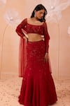 Buy_PARUL GANDHI_Red Satin Georgette Embroidery Cutdana Square Neck Floral Fishtail Lehenga Set _at_Aza_Fashions