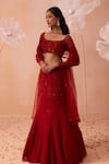 PARUL GANDHI_Red Satin Georgette Embroidery Cutdana Square Neck Floral Fishtail Lehenga Set _Online_at_Aza_Fashions