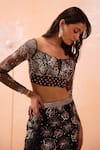 Shop_PARUL GANDHI_Black Satin Georgette Embroidery Cutdana Straight Blossom Fishcut Lehenga Set_Online_at_Aza_Fashions